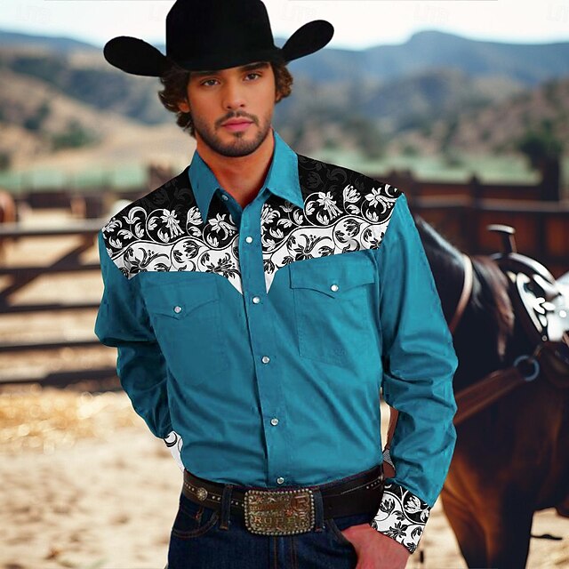 Men's Shirt Western Shirt Cowboy Shirt Long Sleeve Western Style Formal Summer Spring Fall Blue4
