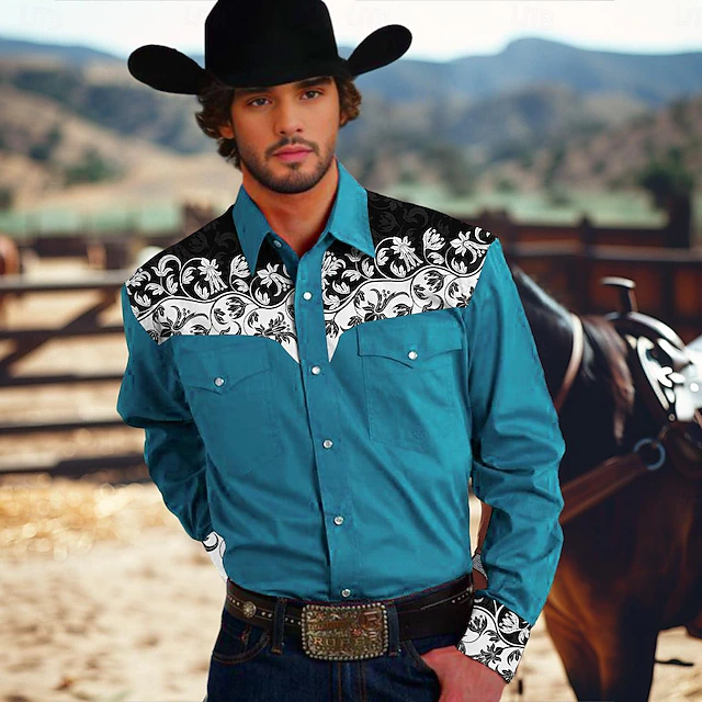 Men's Shirt Western Shirt Cowboy Shirt Long Sleeve Western Style Formal Summer Spring Fall Blue4