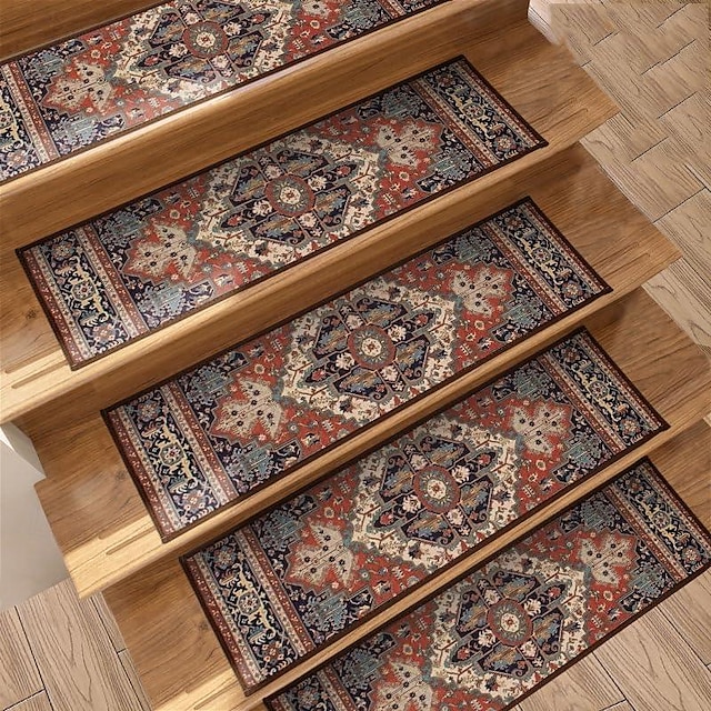 Step Carpet Boho Style Non-Slip Carpet Stair Treads for Kids Elders and Pets Ethnic Design Stair Tread Mats 10