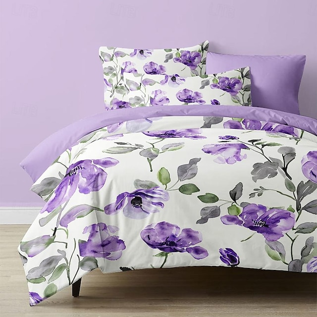  lila florales Bettbezug-Set aus Baumwolle mit tropischem Pflanzenmuster, weiches 3-teiliges Luxus-Bettwäsche-Set, perfekt als Muttertagsgeschenk, Heimdeko-Geschenk, Bettbezug für Zwilling, Vollkönig, Queensize