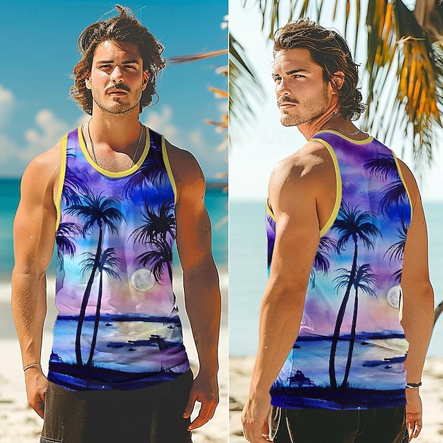  Ombre Graphic Coconut Palm Vacation Tropical Fashion Men's 3D Print Tank Top Vest Top Sleeveless T Shirt for Men Casual Hawaiian Holiday T shirt Purple Sleeveless Crew Neck Shirt Summer Spring