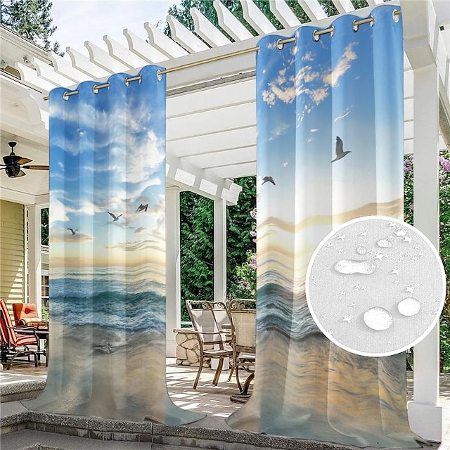  vanntette innendørs utendørs gardiner for terrasse-privathet solblokkerende grommet gardinpanel værbestandig, uv-bestandige gardiner for lysthus, veranda, pergola strand solnedgang, 2 paneler