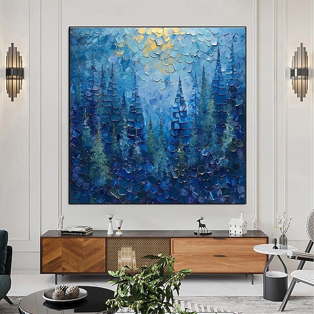  手描きの 3D 青い森の油絵、キャンバスに手描きの抽象的なテクスチャの花の木の絵、壁アートの自然風景の壁アート、リビングルームの装飾用の絵画、カスタム絵画