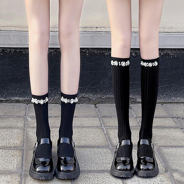  Black And White Calf Socks Pearl Style Solid Color Fairy Pearl Socks Loli Ins Trend Pure Cotton JK Mid-calf Socks Spring And Autumn