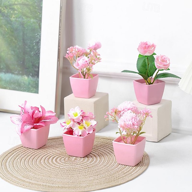  5pcs/set Pink Artificial Plant Pot Set: Stylish and Vibrant Faux Plants Perfect for Adding a Pop of Color to Your Space