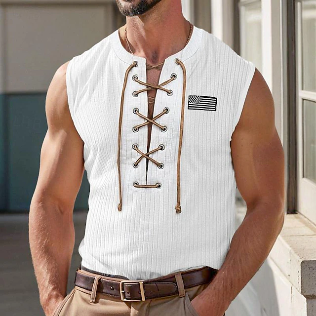 Men's Tank Top Vest Top Undershirt Sleeveless Shirt Ribbed Knit tee Plain American Flag Pit Strip V Neck Outdoor Going out Sleeveless Lace up Clothing Apparel Fashion Designer Muscle 6