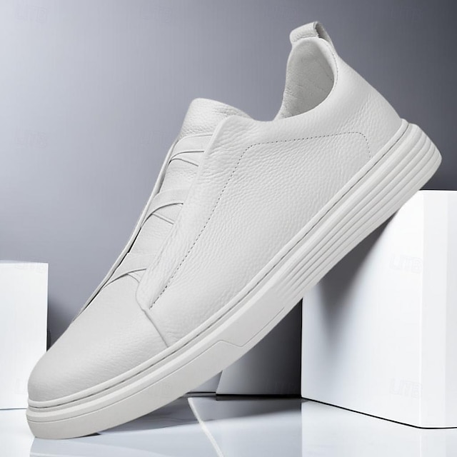  Men's White Leather Slip-On Sneakers – Minimalist Design with Comfortable Sole for Casual Wear