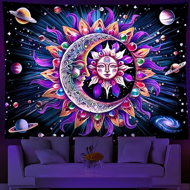  blacklight gobelín uv reaktivní záře ve tmě slunce a měsíc galaxie trippy zamlžená příroda krajina závěsná gobelín nástěnná malba pro obývací pokoj ložnice