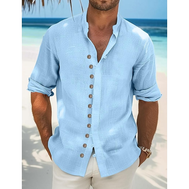  Men's Shirt Linen Shirt Button Up Shirt Casual Shirt Summer Shirt Beach Shirt Black White Light Green Long Sleeve Plain Stand Collar Spring & Summer Casual Daily Clothing Apparel