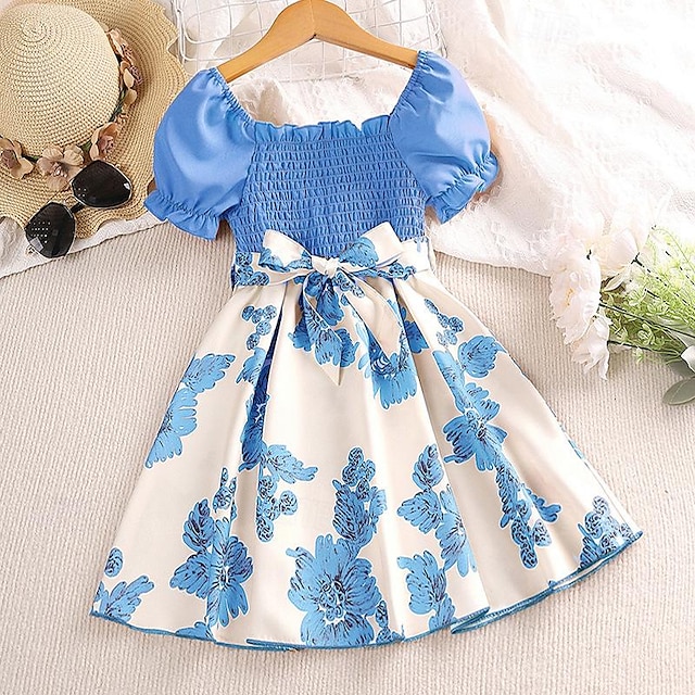  夏の女の子のドレス、子供用花柄半袖プリントプリンセスドレス、子供服