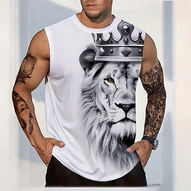 Men's Graphic Animal Lion Vest Top Sleeveless T Shirt for Men Sleeveless T shirt 3D Print Crew Neck Shirt Vacation Tropical Designer Party Daily Gym White Spring & Summer Clothing Apparel S M L XL 6