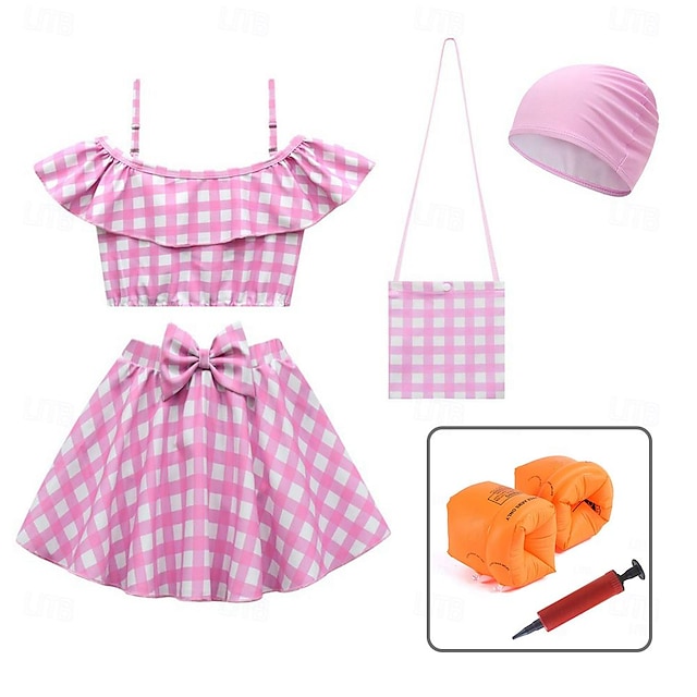  Girls Swimsuit,Pink , Cap, Children's Swimsuit, High Elastic Suspender, Two-Piece Set with Arm Floater & Pump