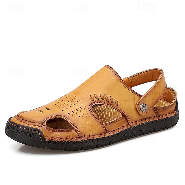  Men's Sandals Retro Plus Size Closed Toe Sandals Walking Casual Daily Leather Comfortable Booties / Ankle Boots Loafer Dark Red Black Yellow Spring Fall