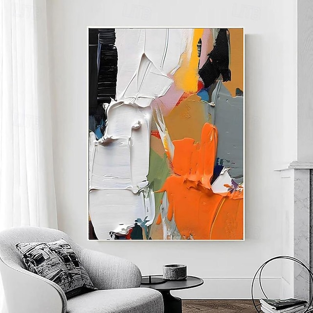  Textured Hand Painted Canvas Wrapped Oil Painting Wall Art Orange White Black Abstract Canvas Painting Modern Artwork Oil Hand Painting Home Interior Frame Ready To Hang