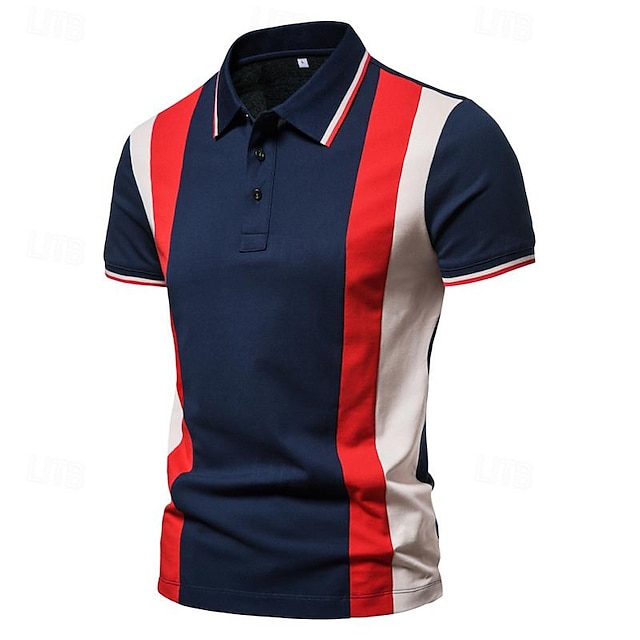  Men's Golf Shirt Golf Polo Work Casual Lapel Short Sleeve Basic Modern Color Block Patchwork Button Spring & Summer Regular Fit White Navy Blue Golf Shirt
