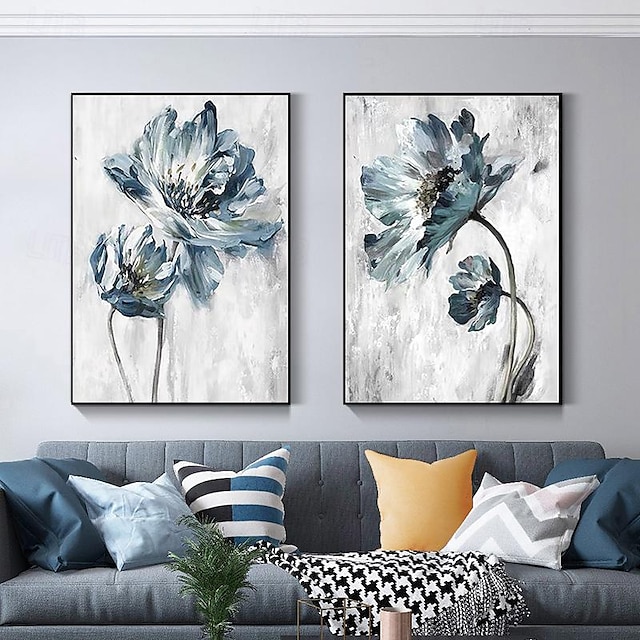  original mare 2 seturi pictură în ulei de flori pe pânză decor de perete cu textură albastru gri pictură florală abstractă pictură murală de acasă decor modern living