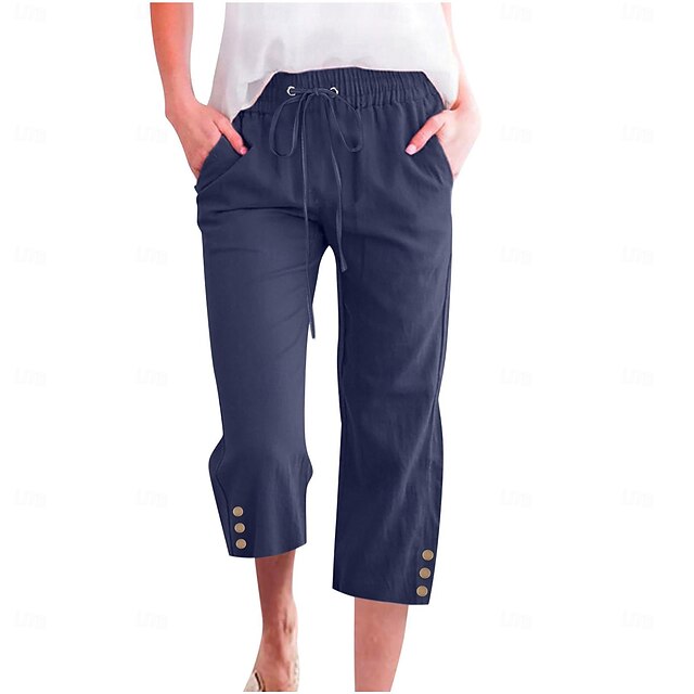 Women's Cotton Linen Pants Pants Trousers Casual Daily Calf-Length Plain Drawstring Side Pockets Breathability Comfortable Inelastic Weekend Wine Navy Blue Brown Khaki Spring & Summer Regular Fit 9