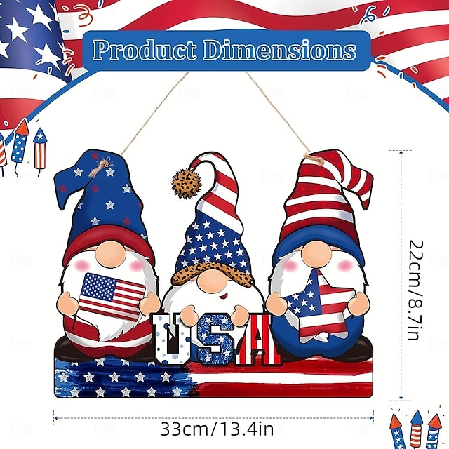  ウェルカム サイン デコレーション: アメリカの国旗と星が描かれた愛国的な木製のノーム吊り下げプレート - 独立記念日のドワーフ エルフ デコレーション