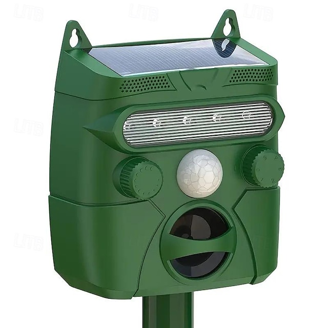  Solar powered animal repeller with 5 operating modes sensitivity adjustment button and LED flash to repel animals. Note Not suitable for repelling large animals.