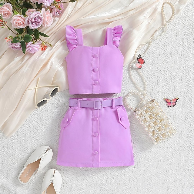  2 Pieces Toddler Girls' Solid Color Halter Tank Top & Shorts Set Set Sleeveless Fashion Outdoor Cotton 3-7 Years Summer Purple