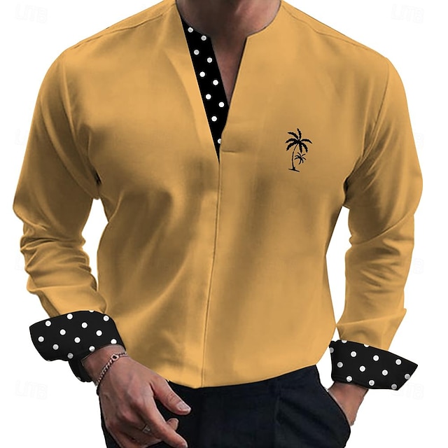  Business Casual Men's Shirt Formal Daily Summer Spring Fall V Neck Long Sleeve Yellow S, M, L Polyester Shirt