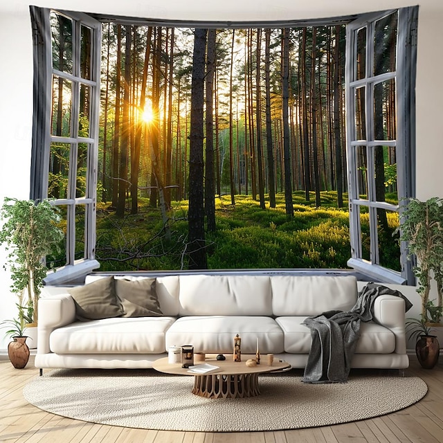  Окно вид на лес висит гобелен настенное искусство большой гобелен фреска декор фотография фон одеяло занавеска для дома спальня гостиная украшения