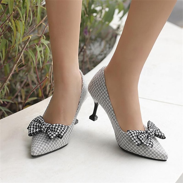  Women's Heels Print Shoes Party Leopard Plaid Bowknot Stiletto Pointed Toe Elegant Vintage PU Loafer Wine Light Brown Black