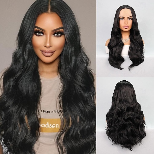  Synthetic Lace Wig Wavy Style 24 inch Natural Middle Part 13x4x1 T Part Lace Front Wig Women's Wig Black