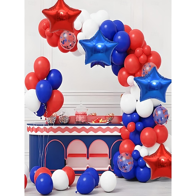  Onafhankelijkheidsdag thema vakantiesets rood, blauw, wit vijfpuntige ster aluminiumfolie latex ballonketting combo - 60-delige set voor aangifte, herdenking, soldatenfeestdecoratie en