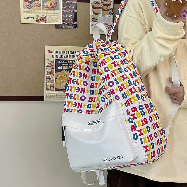  Women's Backpack School Bag Bookbag School Daily Geometric Nylon Large Capacity Lightweight Zipper Black White