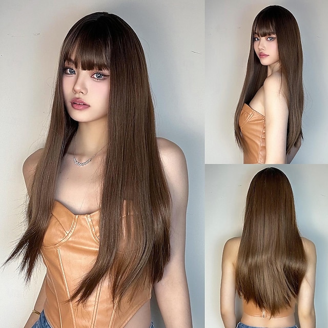  Synthetic Wig Uniforms Career Costumes Princess Straight kinky Straight Layered Haircut With Bangs Machine Made Wig 26 inch Dark Brown Synthetic Hair Women's Cosplay Party Fashion Dark Brown Natural