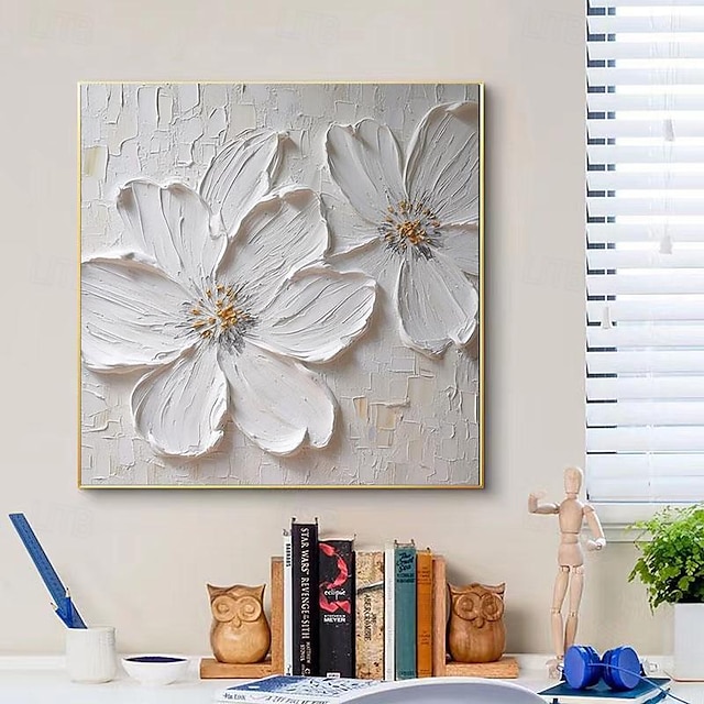  absztrakt fehér virág vastag olajfestmény modern 100%-ban kézzel készített fehér vászon festmény fali művészet nappali keret nélküli dekoráció feszített keret felakasztható vagy keret nélküli