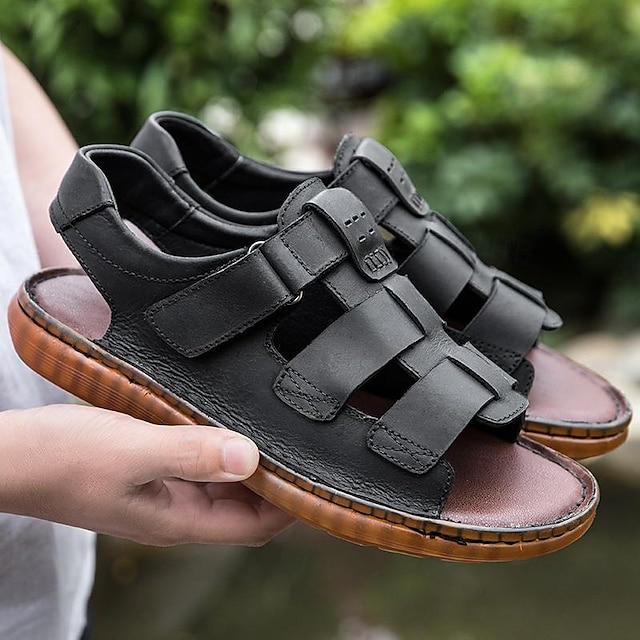  Men's Sandals Retro Walking Casual Daily Leather Comfortable Booties / Ankle Boots Loafer Black Yellow Spring Fall