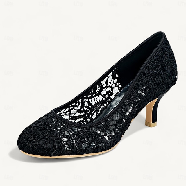  décolleté da donna con tacco a gattino in pizzo nero, punta affilata e rete floreale trasparente, eleganti scarpe eleganti per matrimoni, cocktail party ed eventi serali