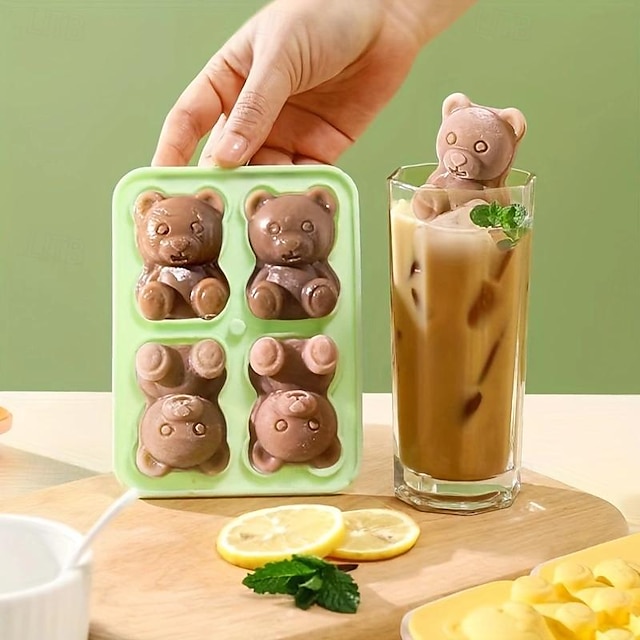  Cute Bear Ice Cube Mold Silicone 3D Fun Shape Ice Cube Tray with Clear Funnel Type Lid Easy Release Large Ice Cube Molds for Drinks Cocktails Ice Coffee Whiskey Homemade Juice