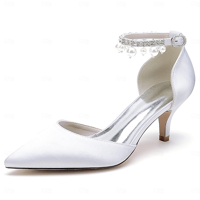  Women's Wedding Shoes Pumps Ladies Shoes Valentines Gifts White Shoes Wedding Party Valentine's Day Bridal Shoes Imitation Pearl Low Heel Pointed Toe Elegant Fashion Luxurious Satin Ankle Strap Wine