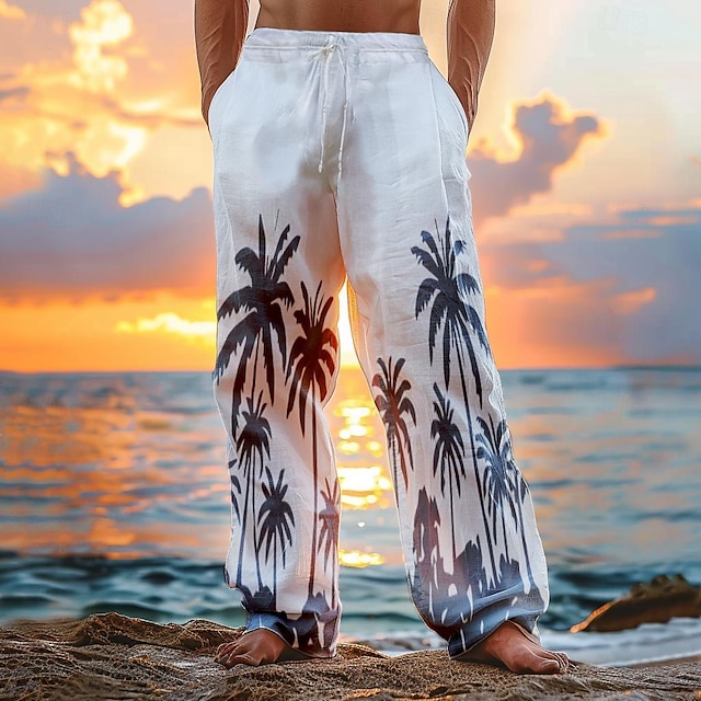  Bărbați Pantaloni de in Cordon Imprimare 3D Frunză Ușor Απαλό Lungime totală În aer liber Casual Zilnic Vacanță Nuntă Potrivire Largă Alb Talie Înaltă Micro-elastic