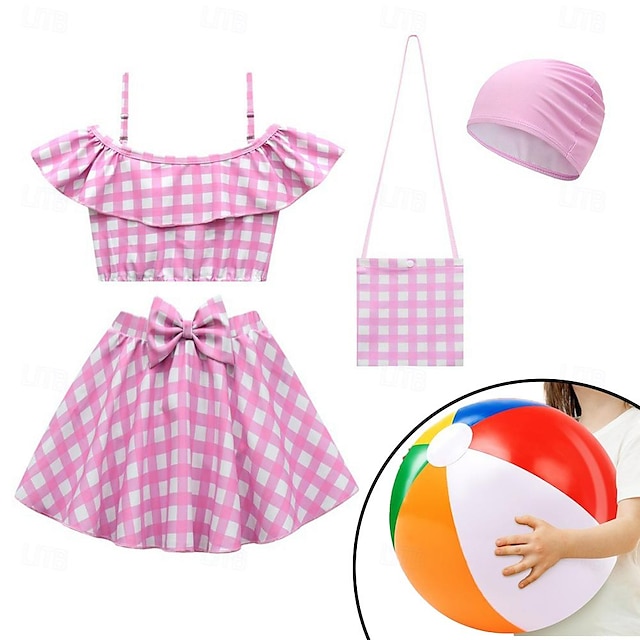  Costum de baie pentru fete cu minge de plajă, roz, șapcă, costum de baie pentru copii, bretele elastice înalte, set din două piese