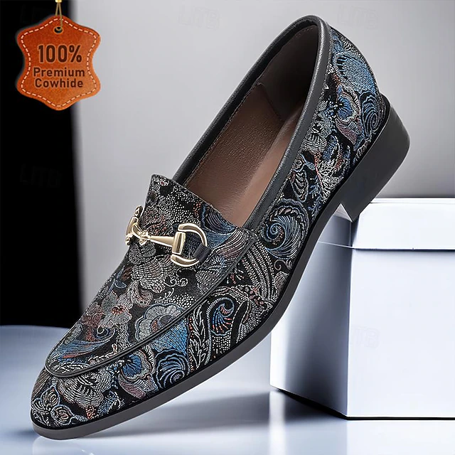 Men's Black Leather Loafers Floral Embroidered Chain 14