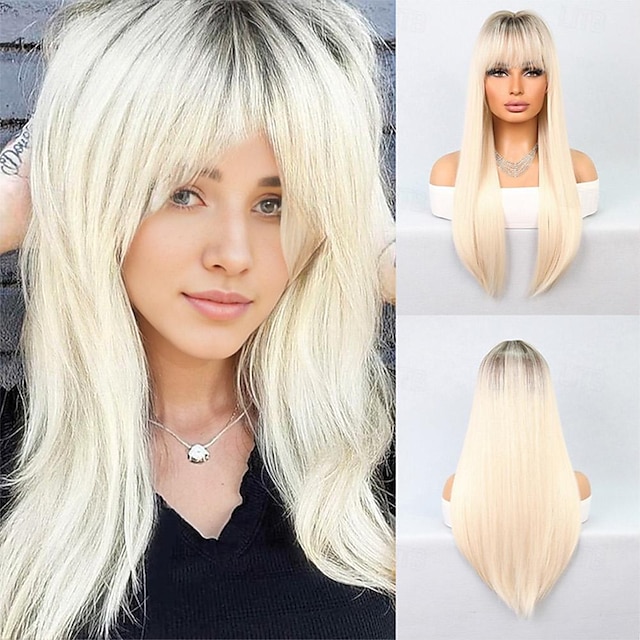  Cosplay Costume Wig Synthetic Wig Natural Straight Neat Bang Machine Made Wig 26 inch Black / White Synthetic Hair Women's Multi-color Mixed Color