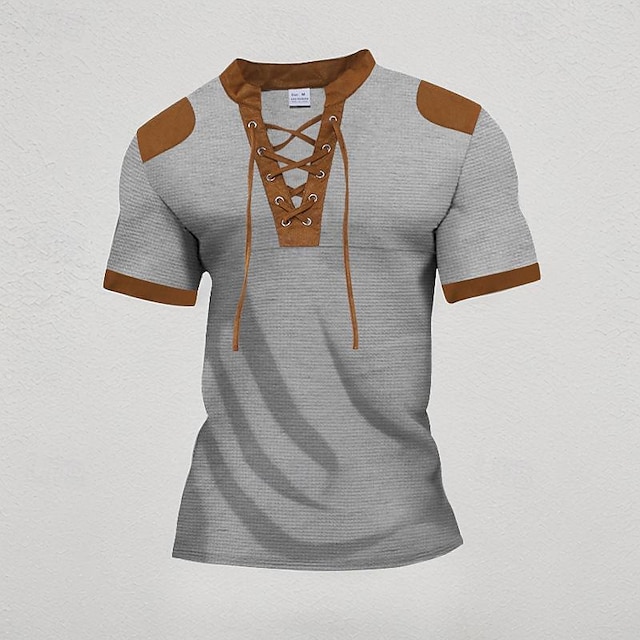  Men's T shirt Tee Henley Shirt Tee Short Sleeve Shirt Tee Top Color Block Stand Collar Street Vacation Short Sleeve Lace up Patchwork Clothing Apparel Fashion Designer Basic