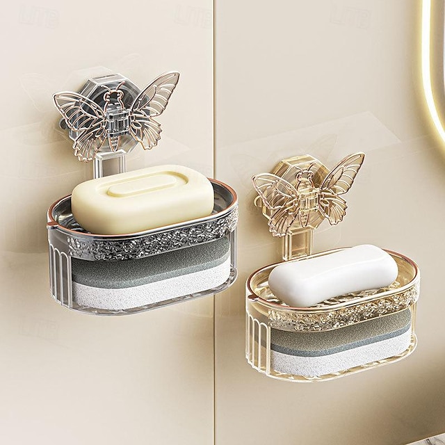  Caixa de sabonete borboleta, suporte de parede de dupla camada, sem perfuração, drenagem, absorção de água, prateleira de banheiro com ventosa