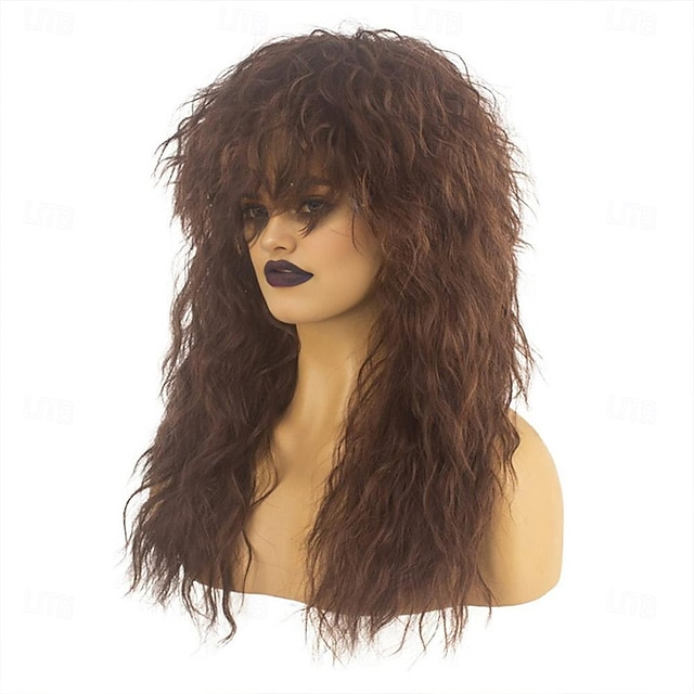  80s Rock Mullet Wigs for Men and Women Long Brown Curly Wig 70s 80s Costumes for Men Women Halloween Cosplay Party Wigs