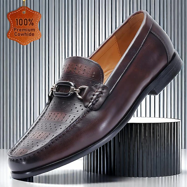 Men's Loafers Perforated Brown Leather Gunmetal Horsebit 9
