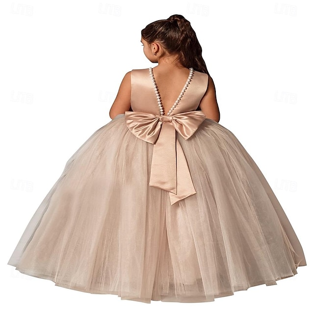  Flower Girls Dresses for Wedding Satin Tulle Princess Pageant Dress Kids Pearls Prom Ball Gowns with Bow-Knot