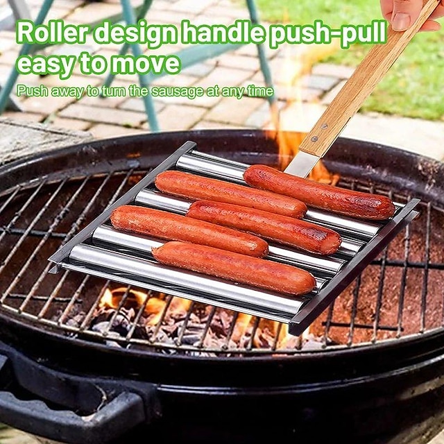  1pc, Stainless Steel Hot Dog Rack, Sausage Roller Rack, Detachable Roasted Sausage Rack, Rolling Outdoor Barbecue Grill With Long Wooden Handle, Barbecue Tools, BBQ Accessories, Grill Accessories