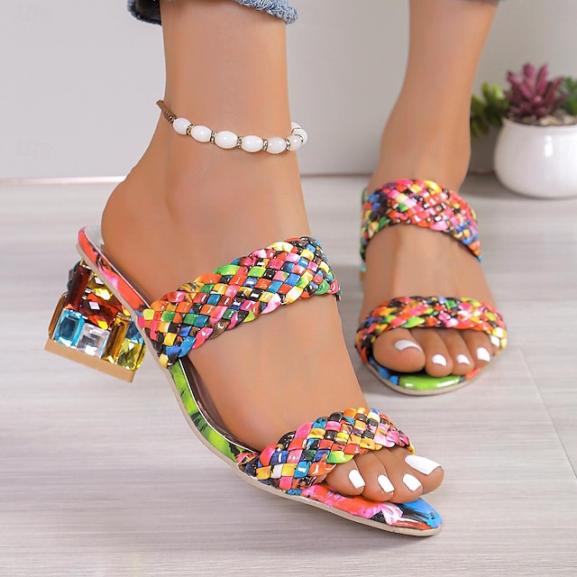  Women's Sandals Glitter Crystal Sequined Jeweled Daily Sculptural Heel Round Toe Fashion PU Loafer Rainbow