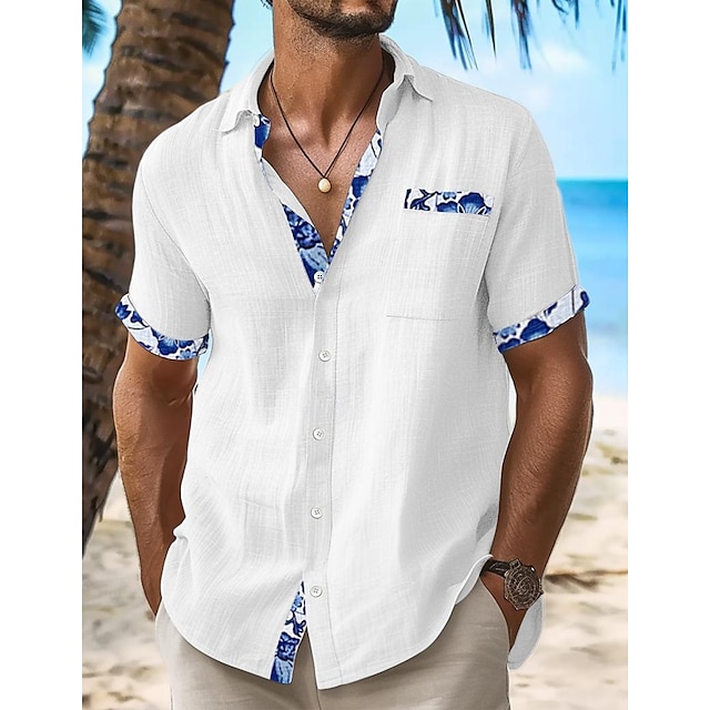 Men's Linen Shirt Casual Shirt Summer Shirt Beach Shirt Black White Pink Short Sleeve Plain Lapel Spring & Summer Hawaiian Holiday Clothing Apparel Front Pocket