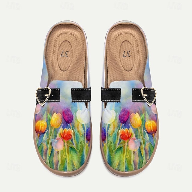  Women's Flats Slippers Slip-Ons Print Shoes Canvas Shoes Daily Vacation Travel Floral Contrast Color Flowers Buckle Flat Heel Round Toe Vacation Casual Comfort Canvas Loafer Buckle Colorful