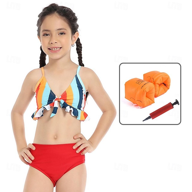  Kids Girls' Swimsuit Outdoor Color Block Active Bathing Suits 7-13 Years Summer Red with Arm Floater & Pump